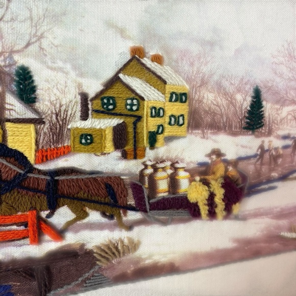 Vintage Crewel Needlepoint Folk Art Farmhouse Sleigh Ride Wall Art Picture - Picture 3 of 14